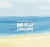 水彩绘蓝色大海与沙滩矢量素材