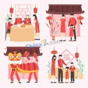 中国传统春节阖家欢乐矢量模板