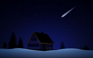 冬季雪地木屋夜空流星雨摄影图片