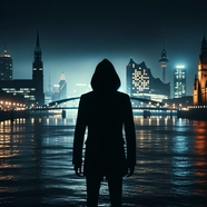 都市人物站在城市夜景中摄影图片