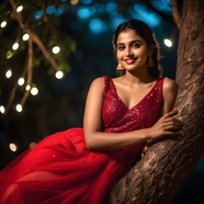 夜晚坐在树上的印度红色婚纱美女图片