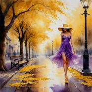 唯美秋季街头性感美女油画作品图片