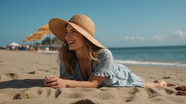 夏日海边沙滩遮阳帽美女写真图片