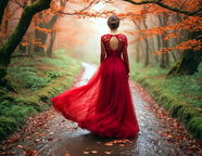 秋季雨后意境红色婚纱美女背影图片