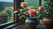 下雨天窗台月季盆栽花卉图片