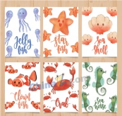 水彩绘海洋动物卡片矢量