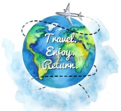 水彩绘环球旅行飞机矢量图