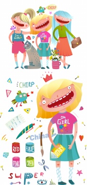 手绘创意卡通人物插画矢量