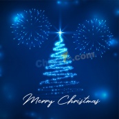 蓝色圣诞树与烟花贺卡设计