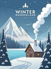 唯美冬季雪景森林小屋矢量背景