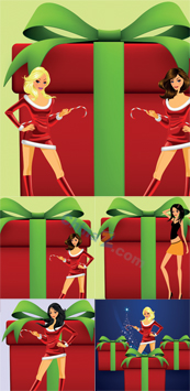 圣诞女孩和礼物盒矢量设计素材