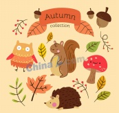 可爱秋季叶子和动物矢量图