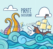 彩绘海盗船和章鱼怪物矢量