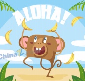 卡通夏威夷拿香蕉的猴子矢量