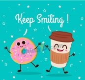 可爱笑脸咖啡和甜甜圈矢量图