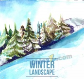 水彩绘冬季雪山松林风景矢量