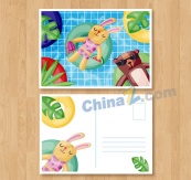 游泳池的兔子和熊明信片