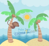 彩绘可爱爬棕榈树的猴子矢量图