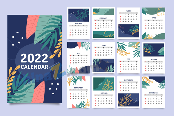 2022手绘植物日历模板设计矢量下载