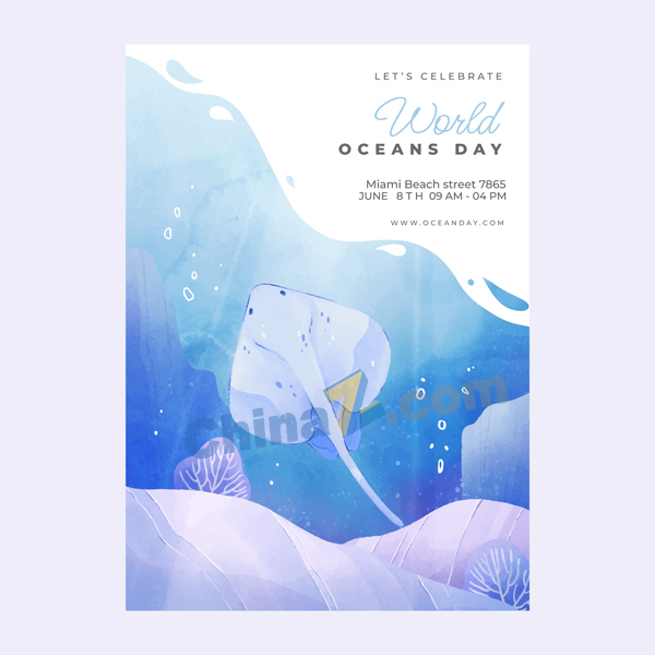 世界海洋日水彩插画设计矢量下载