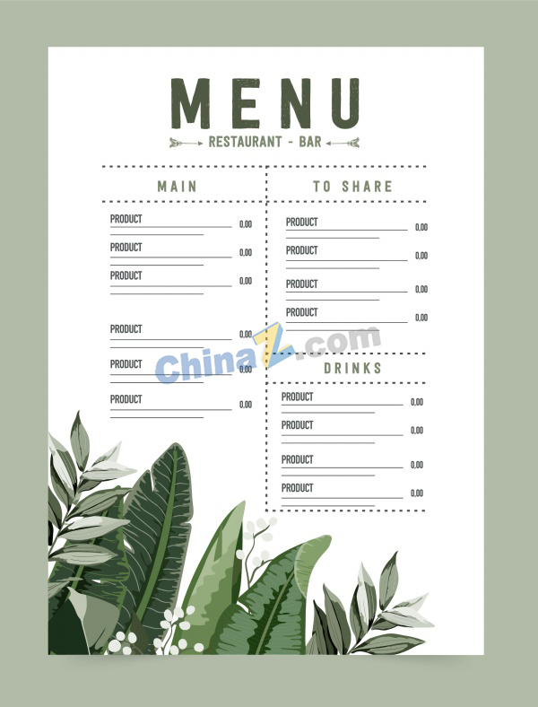 树叶装饰餐厅菜单模板矢量矢量下载