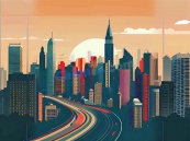 扁平化城市日落景观矢量模板