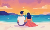 扁平情侣海滩日落插画矢量素材