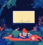 夏日露天电影院场景矢量素材