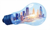 创意灯泡微型城市矢量插图