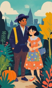 时尚复古风格父女出游时光矢量