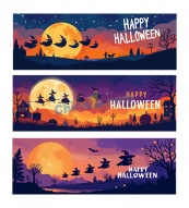 万圣节月夜横幅合集矢量模板