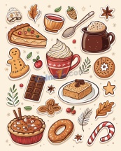 暖冬热饮甜品贴纸矢量素材