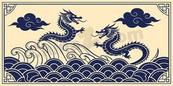 国潮风二龙戏珠吉祥矢量素材