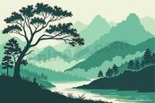 扁平青绿山水背景矢量素材