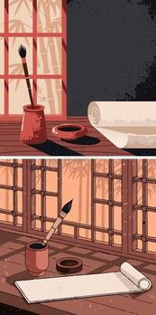 中式书房毛笔卷轴插画矢量素材