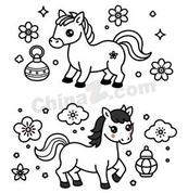 可爱Q版小马黑白线稿矢量素材