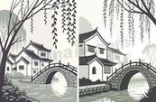 江南水乡小桥流水风景矢量素材