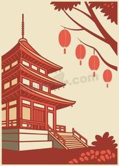 红色复古国风古建筑宝塔矢量