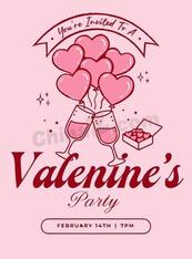 气球香槟爱心派对邀请矢量模板