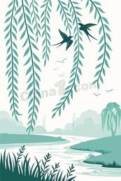 春季踏青垂柳燕子插画矢量素材