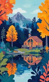 秋日湖边小屋插画矢量素材