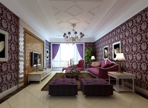 紫色壁纸客厅模型设计