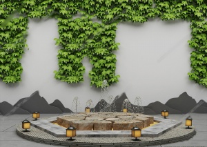 新中式庭院喷泉景观模型