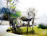 村口的小树林水彩画图片