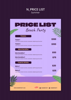 夏日沙滩派对活动价目表设计