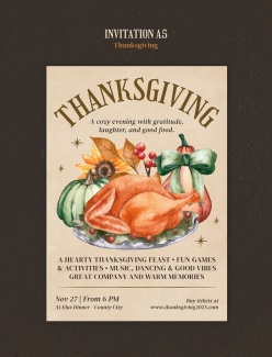 水彩手绘风格感恩节邀请模板A5