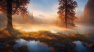 雾气朦胧树林湖泊风景图片