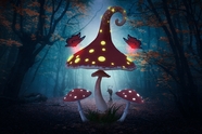 魔法森林蝴蝶蘑菇卡通插画图片
