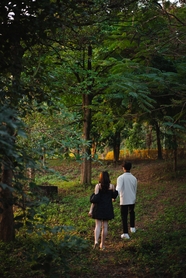 雨后树林情侣手牵手散步图片