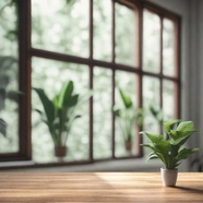 室内窗边木桌绿色盆栽植物图片